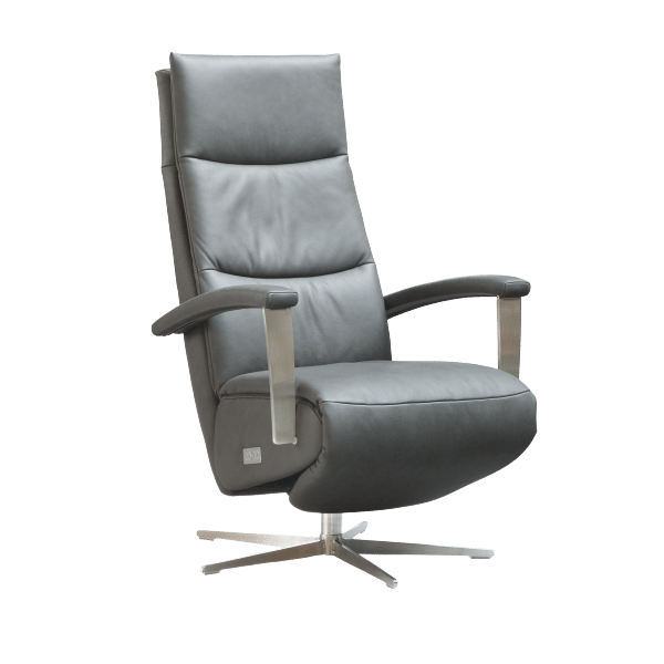 Zwarte leren relaxstoel met aluminium armleuningen en stervoet