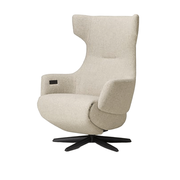 Beige stoffen relaxfauteuil met hoge rugleuning en draaivoet