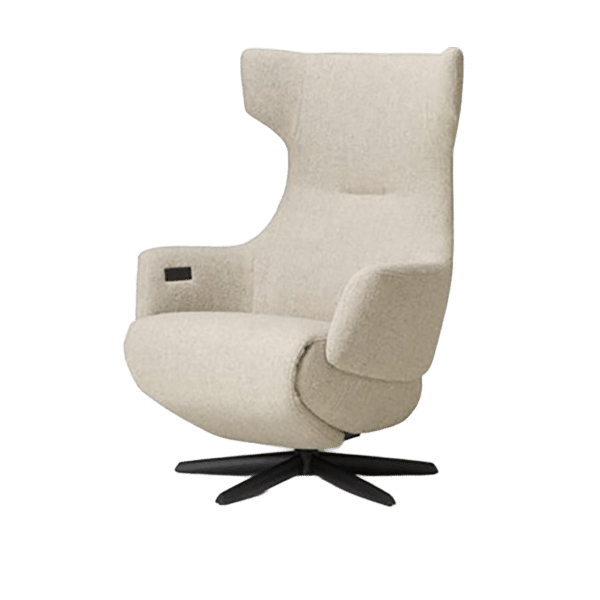Beige stoffen relaxfauteuil met hoge rugleuning en draaivoet